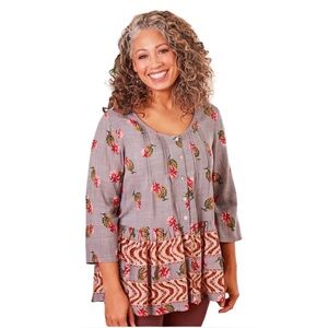 April Cornell Gray Floral Harbor Patchwork Tunic Boho Peasant Blouse
